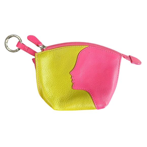 ILI Leather- mini keychain wallet pouch- green hot pink- lady silhouette- zips - Picture 1 of 6